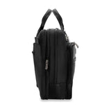 Briggs & Riley @Work medium expandable briefcase shown open with compartments for documents and laptop storage.