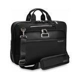 Briggs & Riley @Work medium expandable briefcase with padded laptop compartment and multiple organizer pockets, black nylon exterior.
