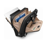 Briggs & Riley @Work medium expandable briefcase showing sleek black leather exterior and multiple compartments for organization.
