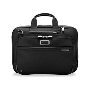Briggs & Riley @Work medium expandable briefcase with multiple compartments and padded laptop sleeve on black nylon exterior.