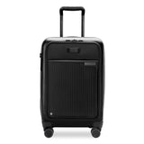 Black Briggs & Riley Sympatico Essential 22-inch expandable spinner carry-on luggage with front pocket, designed for travel convenience.