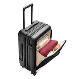 Black Briggs & Riley Sympatico Essential 22-inch expandable spinner carry-on luggage with front pocket and smooth wheels.