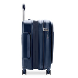 Black Briggs & Riley Sympatico Essential 22-inch expandable spinner carry-on luggage with front pocket and durable wheels.