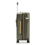 Briggs & Riley Sympatico Essential carry-on expandable spinner luggage with side view showing four wheels and sleek design.