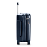 Briggs & Riley Sympatico global carry-on expandable spinner luggage with side view showing durable hard-shell and four spinner wheels.