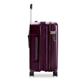 Briggs & Riley Sympatico Essential 22-inch expandable spinner carry-on luggage in plum color, with four spinner wheels and a sleek design.