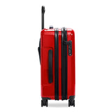Briggs & Riley Sympatico Essential Carry-On Spinner luggage in glossy ruby, side view showing durable hard shell and spinner wheels.