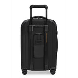 Briggs & Riley ZDX Essential Carry-On Expandable Spinner luggage with four wheels and hard-shell exterior, back view.