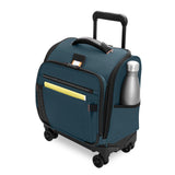 Briggs & Riley ZDX cabin spinner carry-on luggage with a sleek black exterior and a built-in bottle holder.