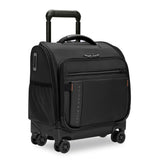 Briggs & Riley ZDX cabin spinner carry-on luggage with four wheels and expandable main compartment, black hard-shell design.