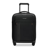 Briggs & Riley ZDX global carry-on spinner luggage with front view showing durable hard shell and four spinner wheels.