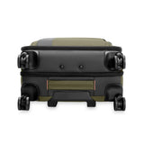 Briggs & Riley ZDX Global Carry-On Spinner luggage with four wheels and durable hard-shell exterior, view of the bottom.