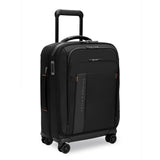 Briggs & Riley ZDX Global carry-on spinner luggage with four wheels, sleek black design, and sturdy telescoping handle.