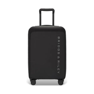 Briggs & Riley luggage cover in black fitting a large suitcase, protecting the suitcase from dirt and scratches.