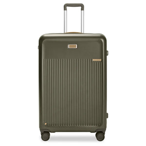 Black Briggs & Riley Sympatico large expandable spinner checked luggage with four wheels and a sleek, durable design.