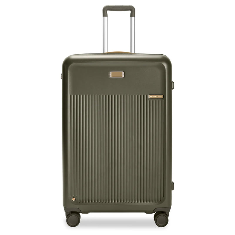 Black Briggs & Riley Sympatico large expandable spinner checked luggage with four wheels and a sleek, durable design.