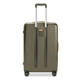 Black Briggs & Riley Sympatico large expandable spinner checked luggage with four wheels and a sturdy handle.