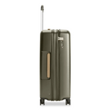 Black Briggs & Riley Sympatico large expandable checked luggage with spinner wheels and multiple compartments.