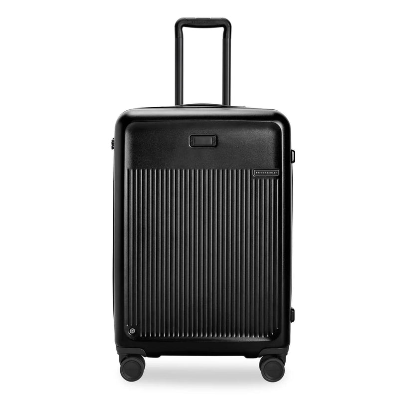 Black Briggs & Riley Sympatico medium expandable spinner checked luggage with four wheels and a sleek design.