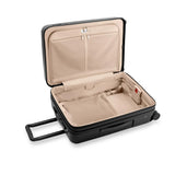 Black Briggs & Riley Sympatico medium expandable checked luggage with spinner wheels, durable hard shell, and silver accents.