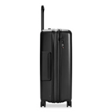 Black Briggs & Riley Sympatico medium expandable spinner checked luggage with four wheels and a telescopic handle.