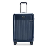 Black Briggs & Riley Sympatico medium expandable spinner checked luggage with four wheels and a sleek, durable design.