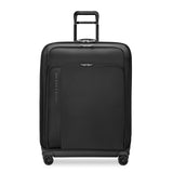 Black Briggs & Riley ZDX large expandable spinner checked luggage with four wheels and sturdy handle.