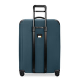 Black Briggs & Riley ZDX large expandable spinner checked luggage with four wheels and sturdy handle.