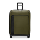 Black Briggs & Riley ZDX large expandable spinner checked luggage with four wheels and telescopic handle.