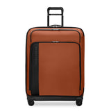 Black Briggs & Riley ZDX large expandable spinner checked luggage with four wheels and sturdy handle.