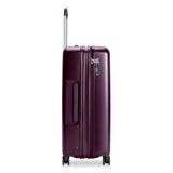 Briggs & Riley Sympatico large expandable plum checked luggage with spinner wheels and sturdy handle for easy travel.