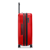 Briggs & Riley Sympatico large expandable shiny ruby checked luggage with four spinner wheels and glossy finish.
