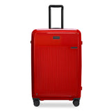 Briggs & Riley Sympatico large expandable spinner checked luggage in glossy ruby red with four wheels and a sleek design.