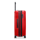Briggs & Riley Sympatico large expandable spinner checked luggage in glossy ruby with four wheels and a sleek finish.