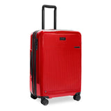 Briggs & Riley Sympatico medium expandable spinner checked luggage in glossy ruby, with four wheels and sturdy handle.