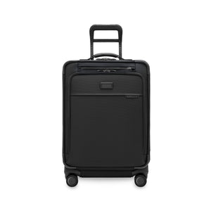 Briggs & Riley Baseline navy checked luggage, compact expandable spinner with four wheels and handle for easy travel.