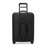 Briggs & Riley ZDX medium expandable spinner checked luggage with ocean blue hard shell and four spinner wheels.