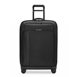 Briggs & Riley ZDX medium expandable checked luggage spinner with ocean blue hard shell exterior and four rotating wheels.