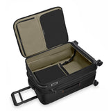 Briggs & Riley ZDX medium expandable checked luggage spinner with ocean blue hard shell and four wheels for smooth travel.