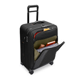Briggs & Riley ZDX medium expandable spinner checked luggage in ocean blue with four wheels and a sleek design.