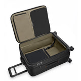 Briggs & Riley ZDX medium expandable checked luggage spinner in ocean blue with four wheels and a sturdy handle.