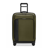 Briggs & Riley ZDX medium expandable checked luggage spinner with ocean blue hard shell and four rotating wheels.