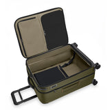 Briggs & Riley ZDX medium expandable spinner checked luggage in ocean blue with four wheels and TSA lock for secure travel.