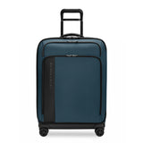 Briggs & Riley ZDX medium expandable spinner checked luggage in ocean blue with four wheels and TSA lock.