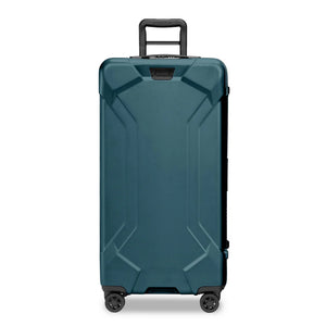 Briggs & Riley Torq extra large checked luggage trunk spinner with front view, durable hard shell and four spinner wheels.
