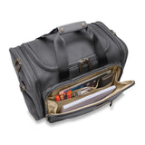Briggs & Riley Baseline underseat duffle bag in steel gray with handles and zipper compartments, designed for travel storage.