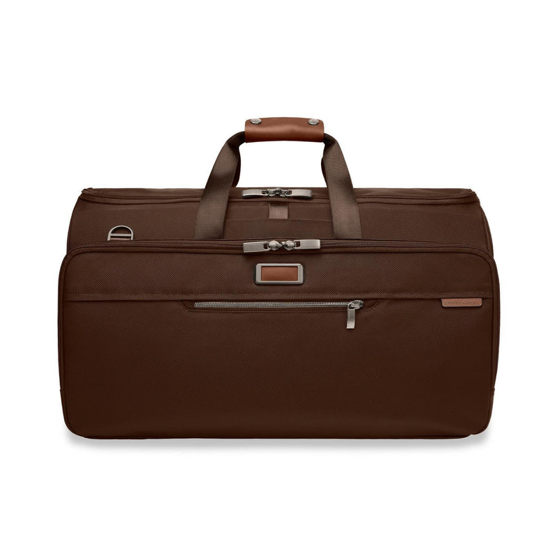 Briggs & Riley Baseline Garment Duffle in limited edition chocolate color, front view showing durable fabric and sleek design.