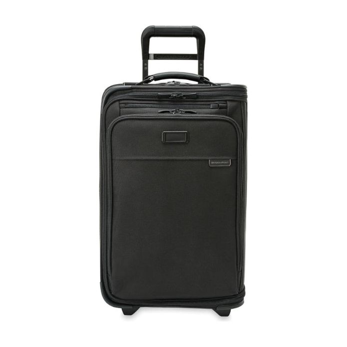 Briggs & Riley Baseline carry-on upright garment bag with multiple compartments and sturdy handle, ideal for travel.