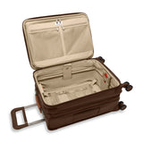 Briggs & Riley Baseline Essential Carry-On Spinner luggage in limited edition chocolate, showing interior compartments and spinner wheels.