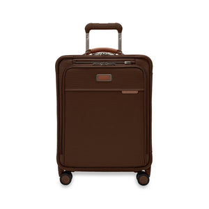 Briggs & Riley Baseline Global Carry-On Spinner luggage in limited edition chocolate color, front view showing durable design and wheels.